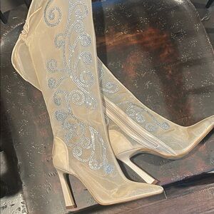 Gianni Bini Cream Heeled Boots with Silver Embellishments. STUNNING.